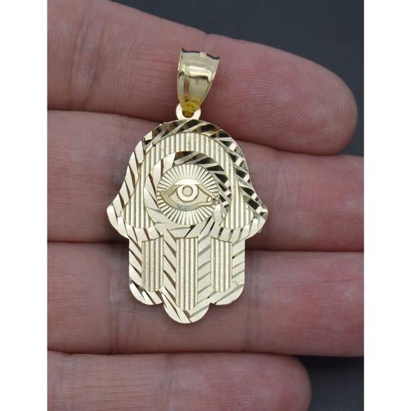 Real Solid 10K Yellow Gold Shiny Hamsa Evil Eye Charm Pendant 3.8gr - Picture 2 of 7